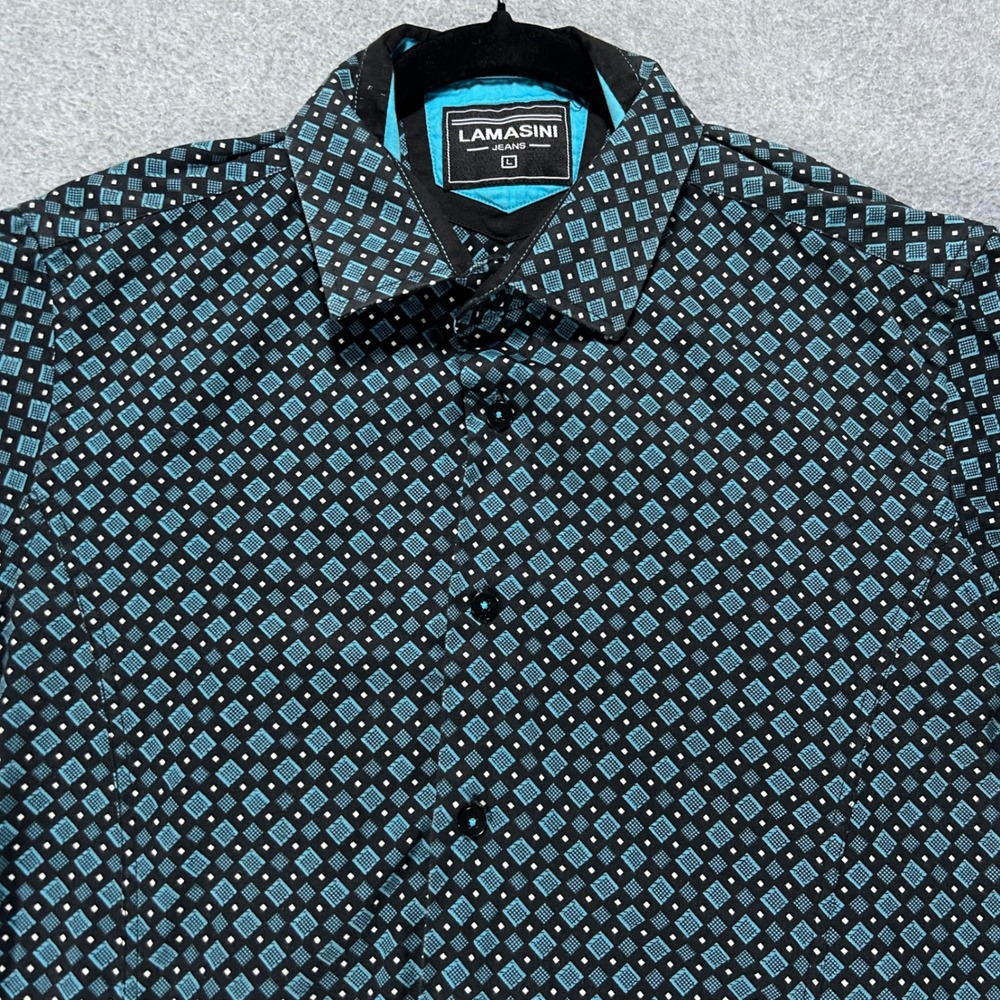 Lamasini Button Down Shirt Mens 42 Chest Black Teal Geometric Clubwear Modern